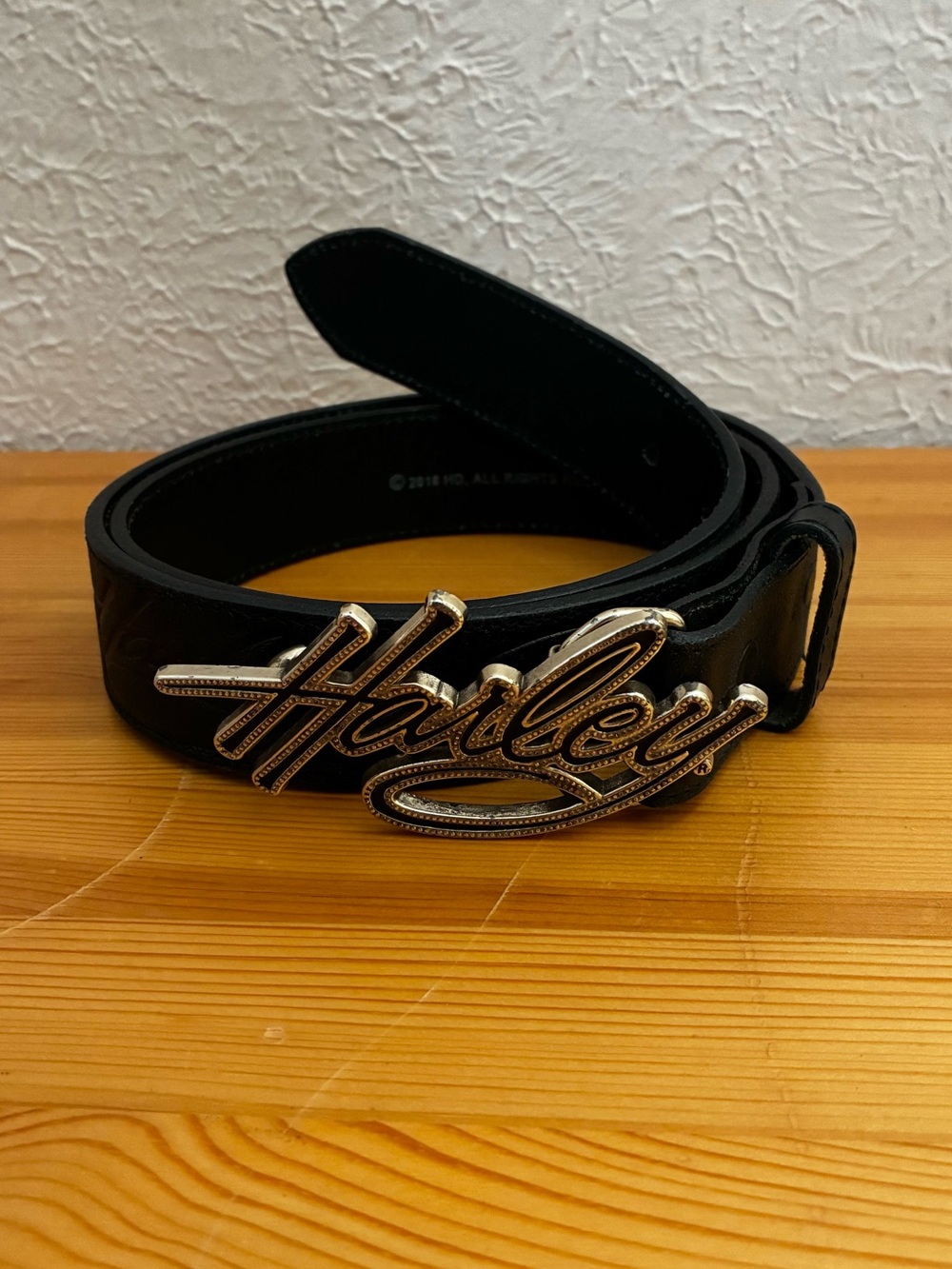 Harley-Davidson Black Leather Belt with Silver Tone Script Buckle